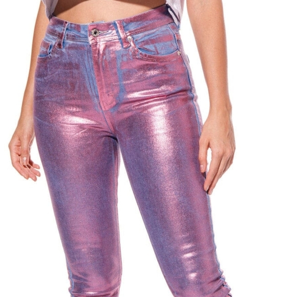 Women's High Rise Metallic Skinny Ankle Jeans Purple - Picture 4 of 12